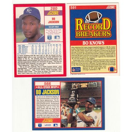 Three 1990 Score Bo Jackson cards Baseball 280, 566 & Football 591