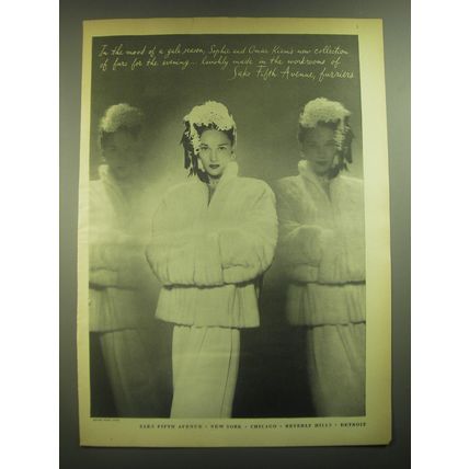 1945 Saks Fifth Avenue Furs Ad - mood of a gala season, Sophie and Omar Kiam
