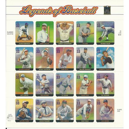 3408 Legends of Baseball Mint Sheet of 20 x 33 Cent Stamps - Stuart Katz