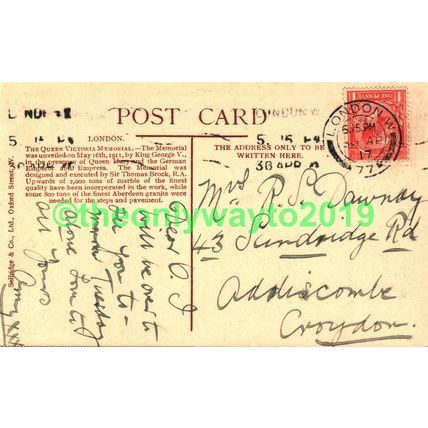 Queen Victoria Monument, London, Selfridge Postcard 1917