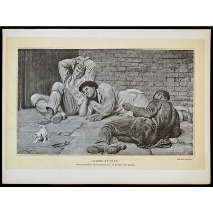 GIANTS AT PLAY 1893 Briton Rivière dog labourers VICTORIAN TINTED PRINT
