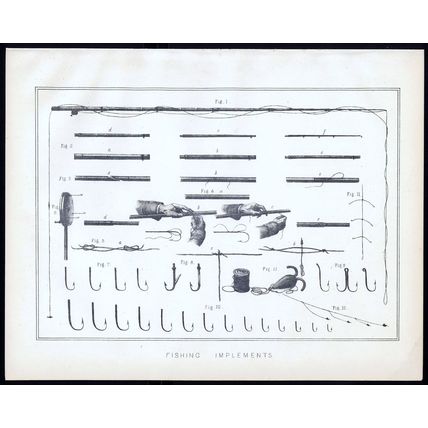 FISHING IMPLEMENTS 1890 Hooks Rods VICTORIAN LITHOGRAPH