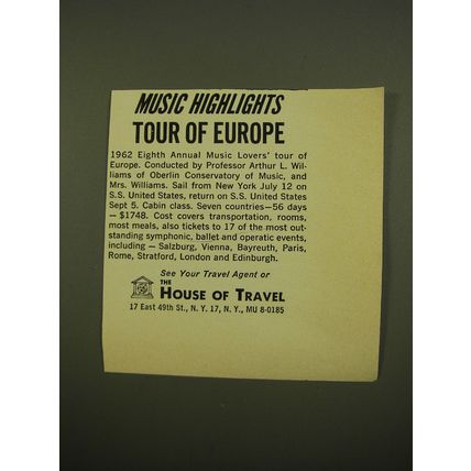 1961 The House of Travel Advertisement - Music highlights tour of europe
