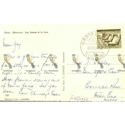 Glion, Montreux, Lac Lemon et la Jura, Switzerland, Sartori Postcard, 1959