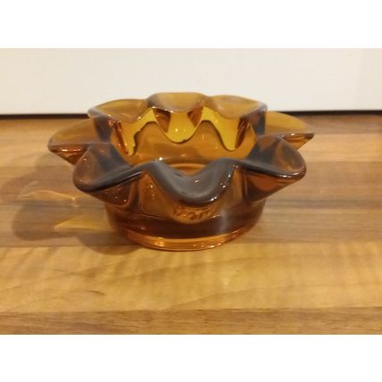Vintage Amber Bowl Cigarette Ashtray 1970s Flower Shaped Retro Design Art Glass