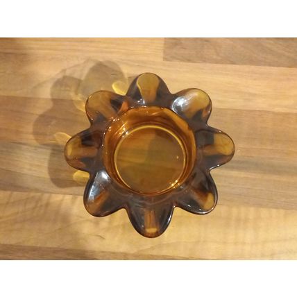 Vintage Amber Bowl Cigarette Ashtray 1970s Flower Shaped Retro Design Art Glass