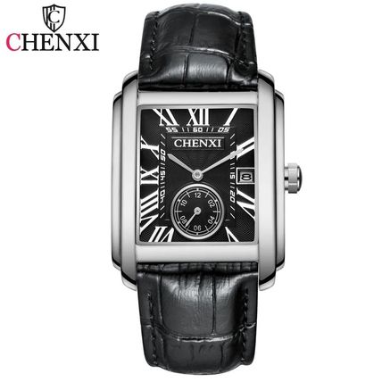 Gents Square Black Face Seconds Hand Sub Dial Date Black Leather Strap Watch