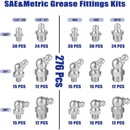 276 PCS SAE & Metric Grease Fittings Kit, Hydraulic Grease Zerks Fittings Standa
