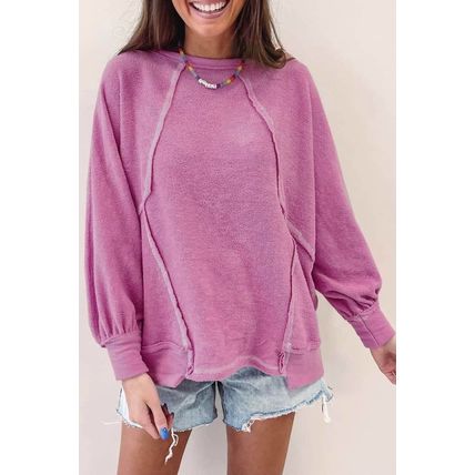 Pink Exposed Seam Round Neck Terry Pullover