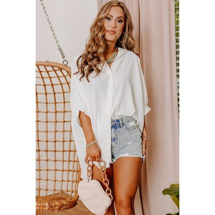 White 3/4 Puff Sleeve Oversize Shirt