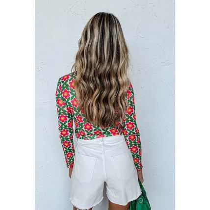 Red Retro Floral Print Stretchy Long Sleeve Top