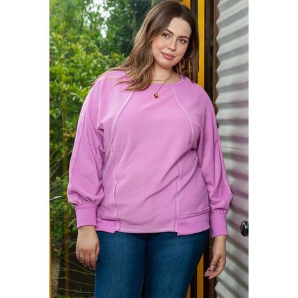 Pink Plus Size Exposed Seam Terry Long Sleeve Top