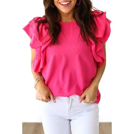 Rose Red Ruffled Sleeve Swiss Dot Blouse
