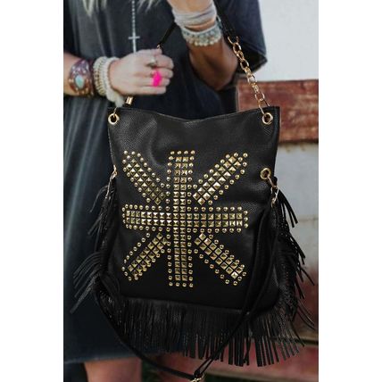 Black PU Leather Rivet Fringed Large One Shoulder Bag