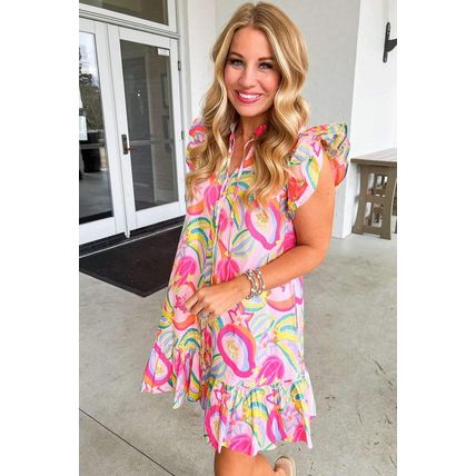 Pink Abstract Floral Ruffle Trim Flutter Sleeve Buttoned Dress