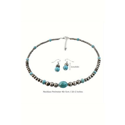 Silvery Western Turquoise Beaded Necklace and Earring Set