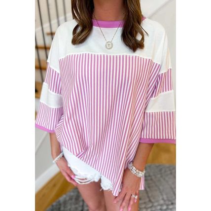 Pink Stripe Patchwork Bracelet Sleeve Plus Size T Shirt