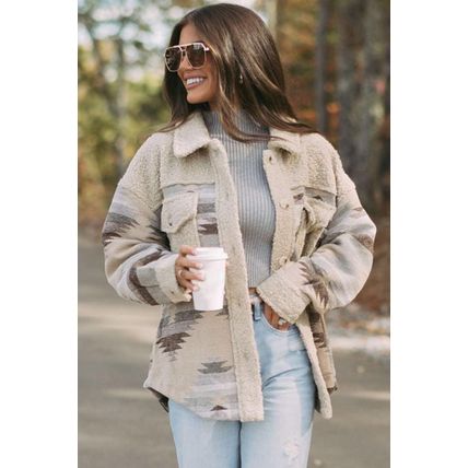 Khaki Western Aztec Print Sherpa Splicing Buttoned Flap Pocket Coat