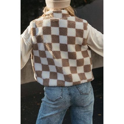 Khaki Checkered Sherpa Collared Jacket Vest