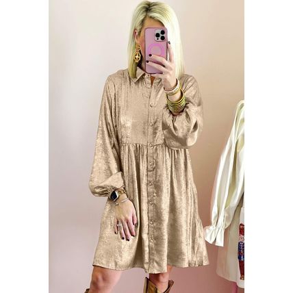 Apricot Metallic Sheen Puff Sleeve Button Up Mini Shirt Dress