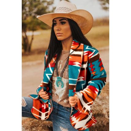 Sky Blue Aztec Printed Lapel Bell Sleeve Jacket