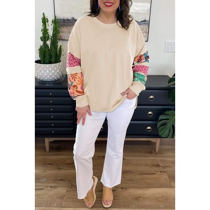 Beige Plus Size Printed Patchwork Sleeve Split Sweatshirt