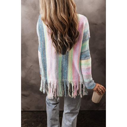 Purple Color Block Fringed Drop Shoulder Tunic Sweater