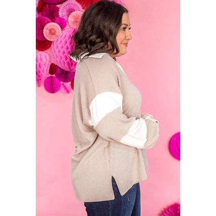 Parchment Corded Colorblock Long Sleeve Slit V Neck Plus Top