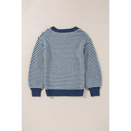Sail Blue Striped Lantern Sleeve Drop Shoulder Cozy Sweater