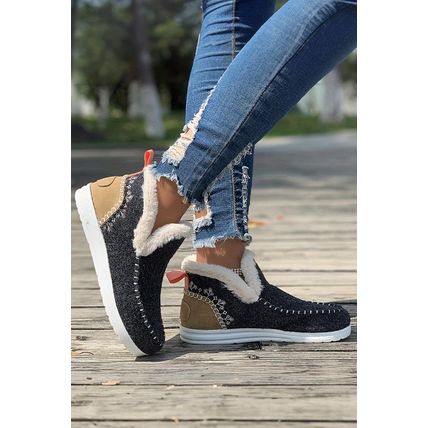 Carbon Grey Suede Stitching Patchwork Plush Lined Anklet Boots