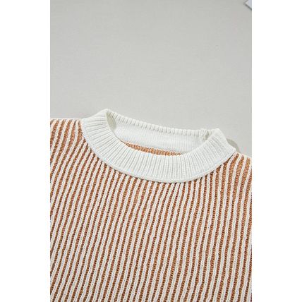 Chestnut Striped Textured Knit Contrast Edge Loose Sweater