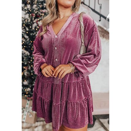 Meadow Mauve Plus Size Textured Velvet Tiered Button V Neck Dress
