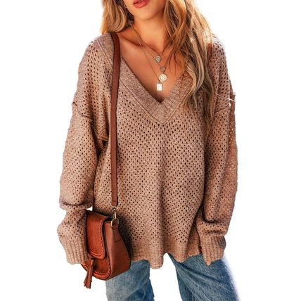 Dark Brown Loose Eyelet V Neck Drop Shoulder Sweater
