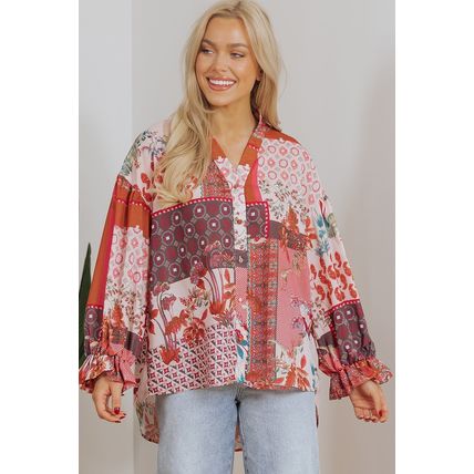 Red Boho Geometric Mixed Print Patchwork Bubble Sleeve Shirt