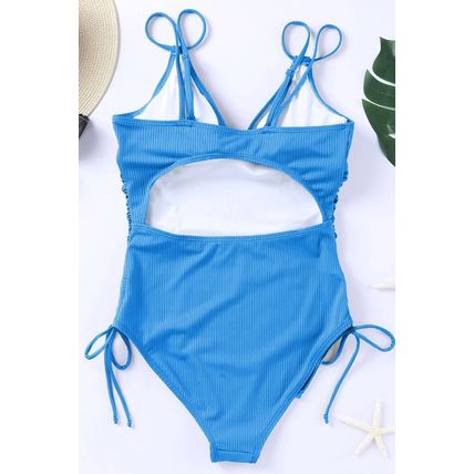 Sky Blue Adjustable Straps Ribbed Knit One Piece Swimsuit