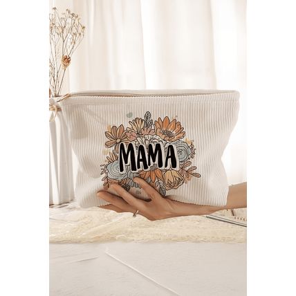 White MAMA Flower Print Corduroy Large Cosmetic Bag