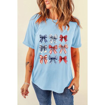 Light Blue Independence Day Bowknot Graphic Tee