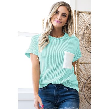 Light Blue Corded Knit Color Block Pocketed Crew Neck T Shirt