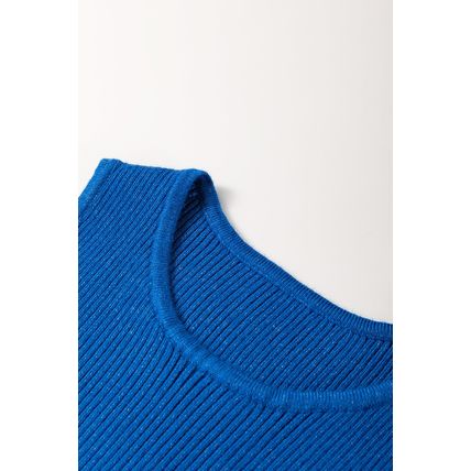 Dark Blue Solid Ribbed Knit Sheath Sleeveless Midi Sweater Dress