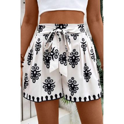 Black Tribal Geometric Print Belted High Waist Casual Shorts