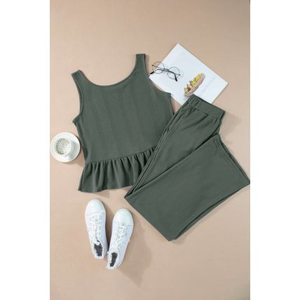 Duffel Green Solid Color Ribbed Ruffle Tank Top and Pants Set