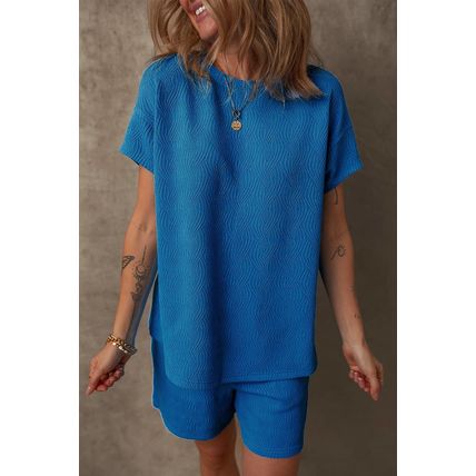 Bluing Solid Textured Crew Neck Short Set