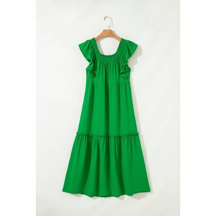 Green Ruffled Flutter Sleeve Square Neck Textured Tiered Maxi Dress