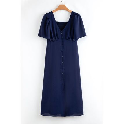 Navy Blue V Neck Buttoned Front Shirred Back Short Sleeve Midi Dress