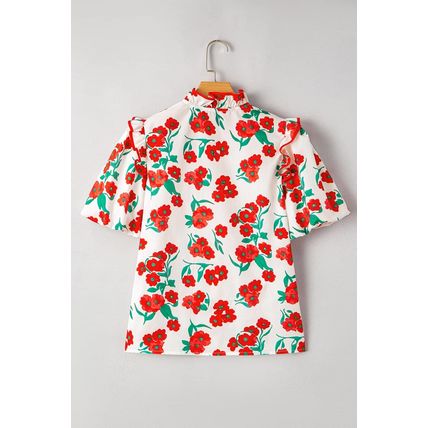 Red Floral Print Ruffled Puff Sleeve Elegant Summer Shirt