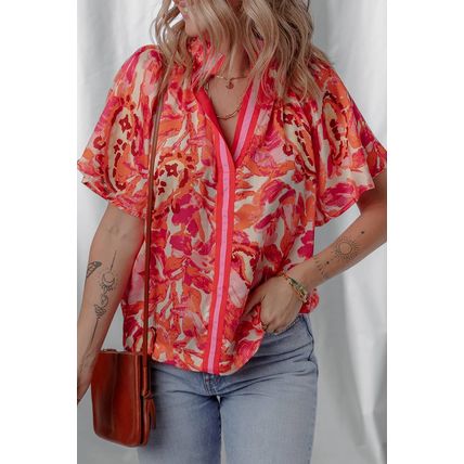 Rose Abstract Print Striped Trim Split Neck Blouse