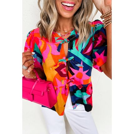 Red Abstract Floral Print Front Tied Puff Sleeve Babydoll Blouse