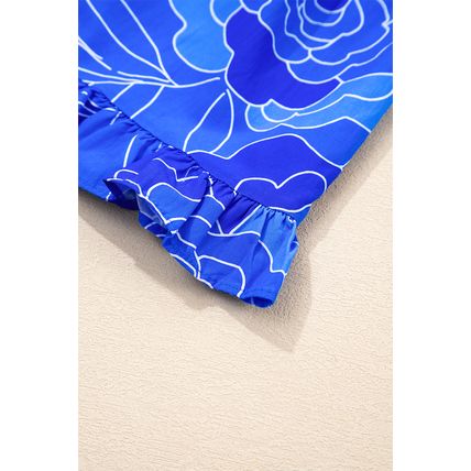Blue Floral Ruffled Hem V Neck Short Sleeve Flowy Mini Dress