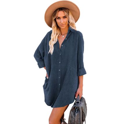 Blue Corduroy Shirt Style Full Button Long Sleeve Shift Mini Dress