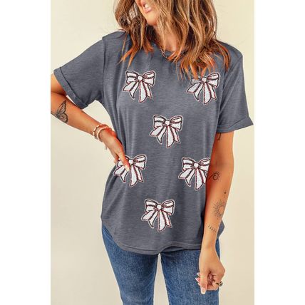 Gray Sequin Bow Baseball Fashion Graphic Tee